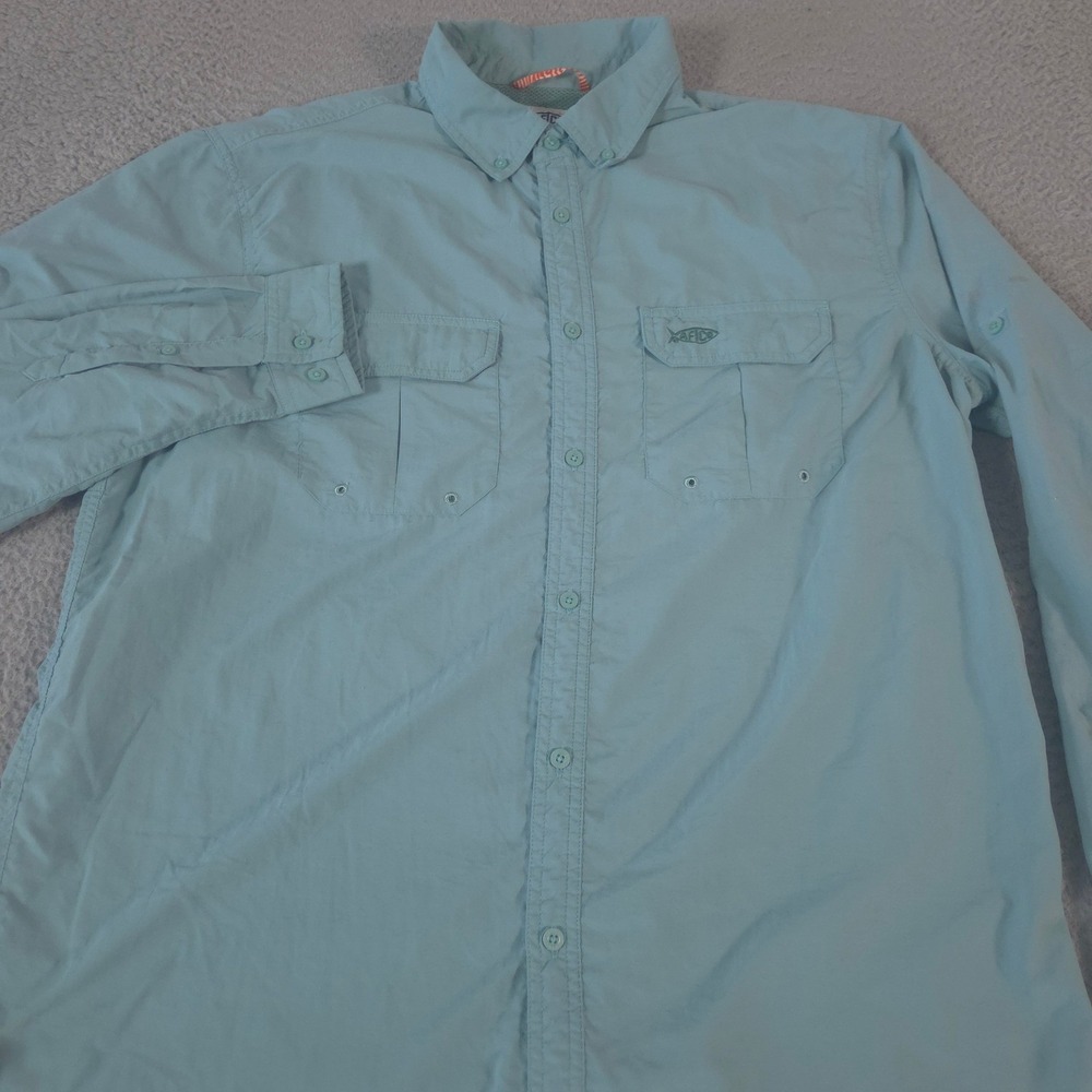 AFTCO Shirt Mens L Blue Nylon Roll Tab Sleeve Vented Back Pockets Performance